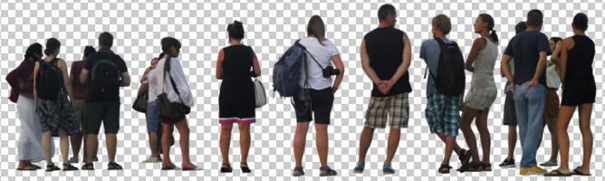 back, casual, caucasian, cutout, cutout groups, cutout people, day, diffuse, diffused light, eye level view, group, standing, summer