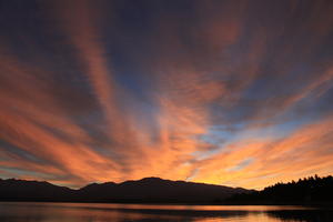 Canterbury, cloud, contre-jour, dusk, eye level view, lake, New Zealand, sky, summer, sunset, twilight