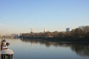 afternoon, boat, bridge, building, day, elevated, England, London, natural light, river, The United Kingdom, transport, tree, vegetation, winter, winter