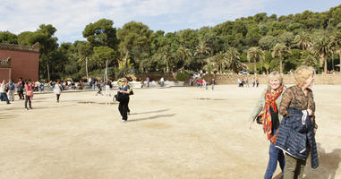 autumn, Barcelona, casual, Cataluña, day, eye level view, Gaudi Park, group, palm, park, people, Phoenix canariensis, Spain, sunny, treeline, walking