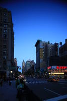 artificial lighting, dusk, eye level view, Manhattan, New York, street, taxi, The United States, transport