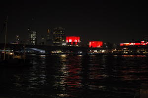 artificial lighting, bridge, city, city, city lights, cityscape, England, eye level view, London, night, river, riverbank, spring, The United Kingdom, urban