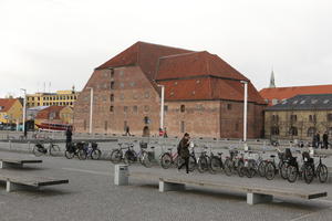 bench, bicycle, building, Copenhagen , day, Denmark, eye level view, house, Kobenhavn, sunny, winter