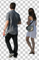 back, casual, couple, cutout, cutout couples, cutout people, day, eye level view, sunny, walking