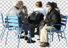 dusk, elderly, eye level view, group, people, sitting, spring