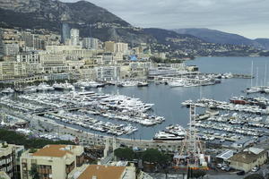 afternoon, boat, building, cityscape, cloudy, day, elevated, facade, harbour, looking down, Monaco, Monaco Race Track, Monte Carlo, Monte-Carlo, mountain, overcast, roofscape, seascape, sun glare, top-down perspective, winter, yacht