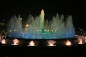 artificial lighting, Barcelona, Cataluña, eye level view, fountain, night, outdoor lighting, Spain