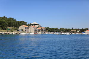 boat, Croatia, day, eye level view, Makarska, marina, seascape, Splitsko-Dalmatinska, summer, town, tree, vegetation