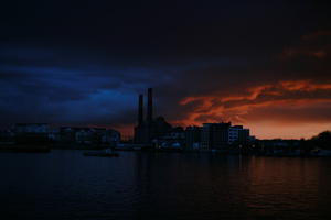 architecture, building, chimney, dark, dusk, England, eye level view, London, overcast, river, silhouette, sky, sunset, The United Kingdom