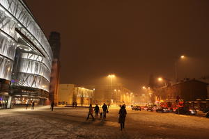 artificial lighting, eye level view, night, Poland, Poznan, snow, street, Wielkopolskie