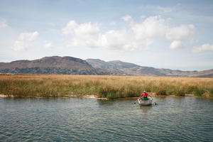 boat, day, eye level view, lake, natural light, Peru, Puno, reed, spring