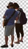 back, casual, caucasian, couple, cutout, cutout couples, cutout people, day, eye level view, standing, summer, sunny