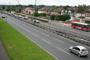 bus, car, day, elevated, England, grass, guardrail, London, natural light, road, The United Kingdom, vegetation