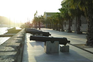 cannon, Cartagena, day, eye level view, Murcia, overcast, plaza, Spain, sunset, urban