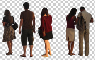 back, casual, caucasian, couple, cutout, cutout groups, cutout people, day, dusk, eye level view, group, natural light, people, standing, summer, sunny