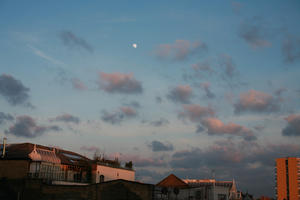 building, cloud, dusk, England, eye level view, London, moon, sky, sunset, The United Kingdom