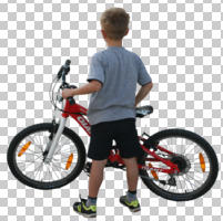 back, boy, child, cutout, cutout kids, cutout people, cycling, day, diffuse, diffused light, eye level view, standing, summer