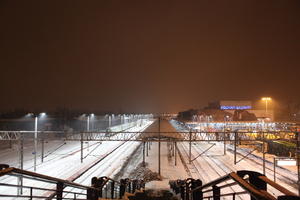 artificial lighting, elevated, night, Poland, Poznan, railway, snow, station, Wielkopolskie