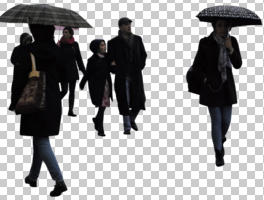 ambient light, cloudy, cutout, cutout groups, cutout people, day, diffuse, diffused light, eye level view, group, natural light, passerby, people, umbrella, walking, wet, winter, winter