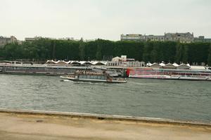 boat, eye level view, France, Ile-De-France, overcast, Paris, river, spring, transport, tree, vegetation