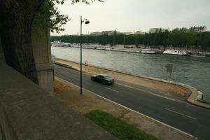 architecture, boat, car, elevated, France, Ile-De-France, lamppost, overcast, Paris, path, river, road, spring, transport