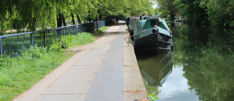 boat, canal, day, England, eye level view, London, path, pavement, spring, sunny, The United Kingdom