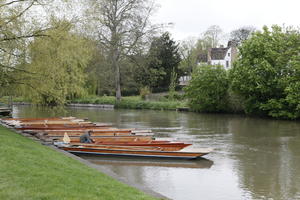 boat, bush, Cambridge, canal, day, England, eye level view, natural light, shrub, spring, The United Kingdom