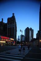 artificial lighting, crossing, dusk, eye level view, Manhattan, New York, street, The United States