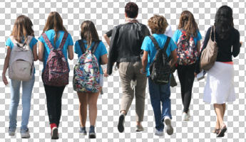 casual, cutout, cutout groups, cutout people, day, eye level view, group, people, student, summer, sunny, teenager, walking