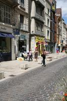 bollard, Champagne-Ardenne, city, day, eye level view, France, pavement, people, shopping, street, summer, sunny, Troyes, woman