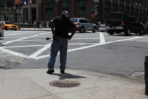 afrocarribean, day, eye level view, jeep, man, Manhattan, New York, street, sunny, The United States