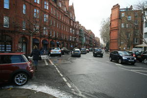 building, car, day, England, eye level view, London, natural light, snow, street, sunset, The United Kingdom, winter