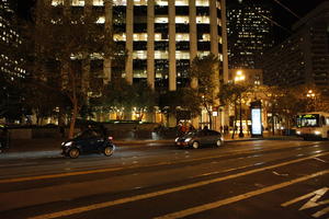 artificial lighting, autumn, California, car, cityscape, eye level view, night, outdoor lighting, San Francisco, street, The United States