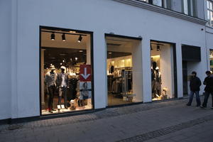 artificial lighting, Copenhagen , Denmark, dusk, eye level view, Kobenhavn, retail, shop, spring