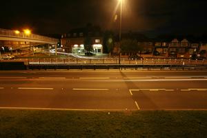 artificial lighting, bridge, elevated, England, evening, grass, London, road, The United Kingdom, vegetation