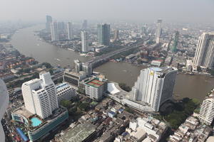 aerial view, autumn, Bangkok, cityscape, day, direct sunlight, elevated, Krung Thep Mahanakhon, natural light, open space, outdoors, river, road, sunny, Thailand