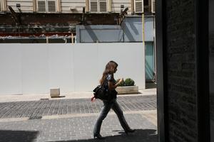 bollard, Champagne-Ardenne, city, day, eye level view, France, people, side, street, summer, sunny, Troyes, walking, woman