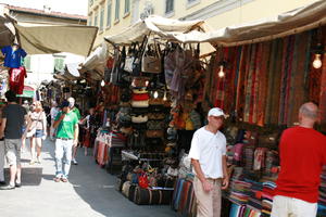 bag, canopy, clothing, day, eye level view, Florence, group, Italia , luggage, market, object, people, shopping, stall, street, summer, summer, Toscana, tourist