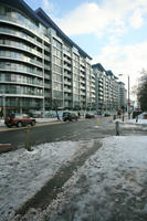 building, car, day, England, eye level view, London, natural light, residential, snow, street, The United Kingdom, winter