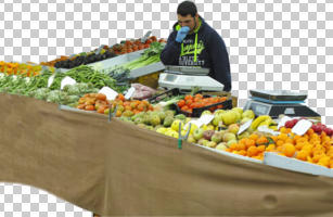 cutout, day, display, eye level view, food, fruit, market, overcast, people, stand, vendor