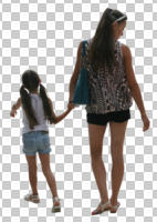 back, casual, caucasian, child, cutout, cutout people, cutout women, day, eye level view, natural light, summer, walking, woman