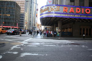 building, car, day, eye level view, group, Manhattan, New York, people, sign, standing, street, summer, The United States, theatre, walking