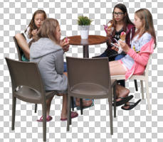 casual, cutout, cutout groups, cutout people, day, diffuse, diffused light, eating, eye level view, group, people, sitting, summer