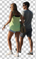 back, casual, couple, cutout, cutout couples, cutout people, day, eye level view, summer, sunny, walking