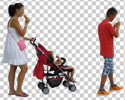 casual, caucasian, cutout, cutout groups, cutout people, day, diffuse, diffused light, eating, eye level view, family, group, mother and child, side, summer, walking