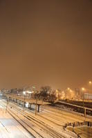 artificial lighting, elevated, night, Poland, Poznan, railway, snow, station, Wielkopolskie