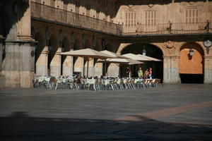 cafe, Castilla y Leon, chair, day, eye level view, furniture, object, plaza, Salamanca, Spain, summer, sunlight, sunny, sunshine, table