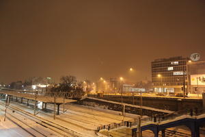 artificial lighting, elevated, night, Poland, Poznan, railway, snow, station, Wielkopolskie