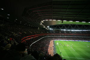 artificial lighting, ceiling, crowd, elevated, England, football, football pitch, London, people, stadium, The United Kingdom