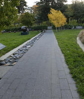 autumn, broad-leaf tree, broad-leaved tree, California, day, diffuse, diffused light, eye level view, grass, park, path, pavement, San Francisco, sculpture, The United States